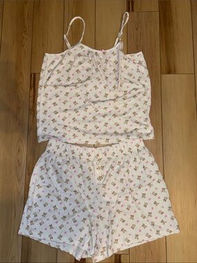 White Pink Heart Teddy Bear Print Pajama Short Set Size Large